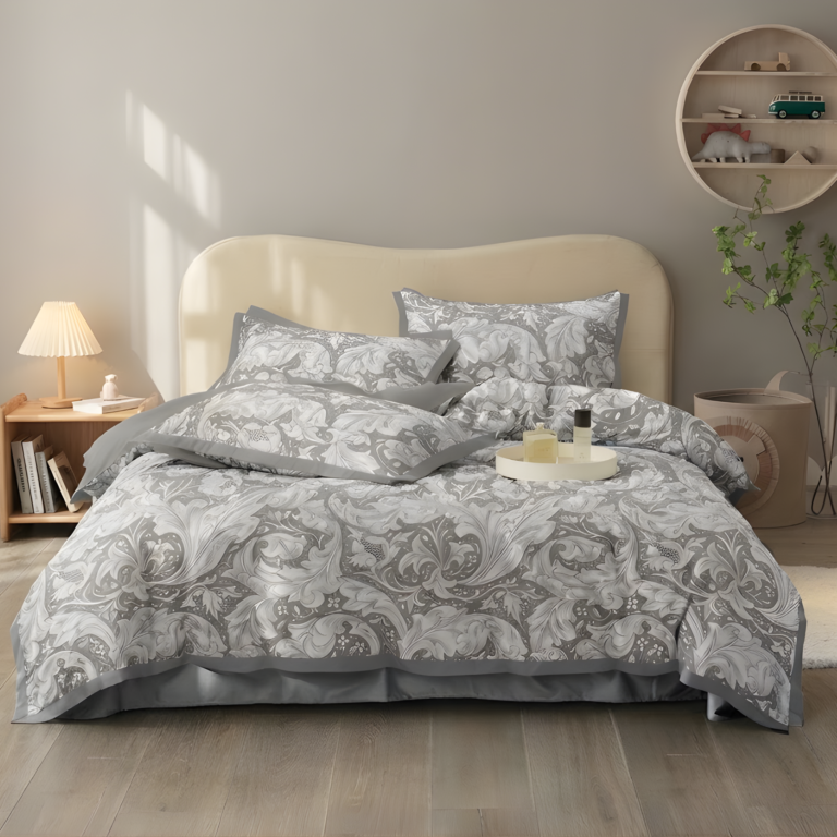 Grey Acanthus Scroll Microfiber Bedding Set | Timeless Elegance | Model: 200-Grey