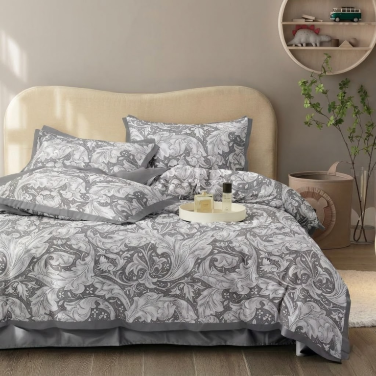 Grey Acanthus Scroll Microfiber Bedding Set | Timeless Elegance | Model: 200-Grey