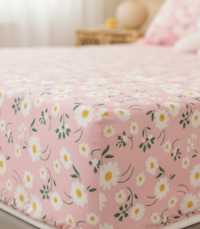 Blossom Pink Daisy 120 GSM Microfiber Fitted Bedsheet Set | Model: EH-2060