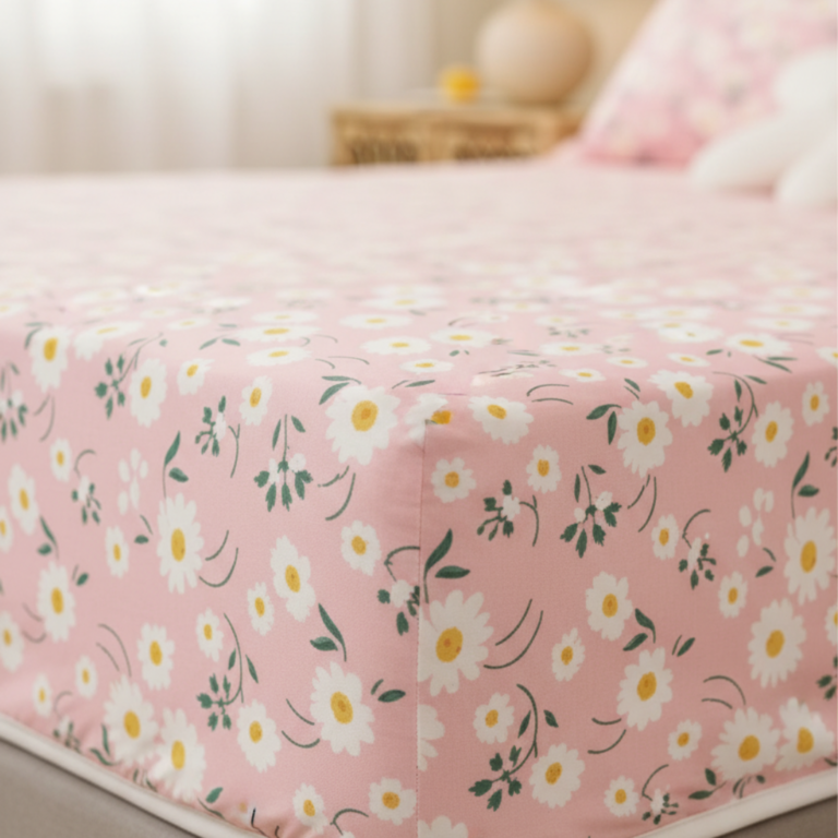 Blossom Pink Daisy 120 GSM Microfiber Fitted Bedsheet Set | Model: EH-2060