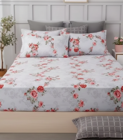 Elegant Grey & Red Rose 120 GSM Microfiber Fitted Bedsheet Set | Model: EH-2073