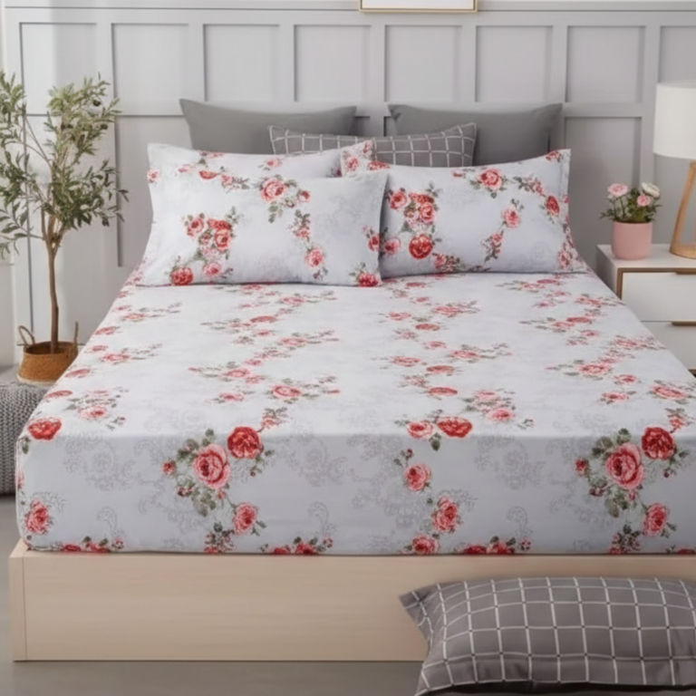 Elegant Grey & Red Rose 120 GSM Microfiber Fitted Bedsheet Set | Model: EH-2073