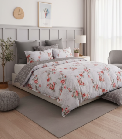Elegant Grey & Red Rose 120 GSM Microfiber Bedsheet Set _ Model_ EH-2073