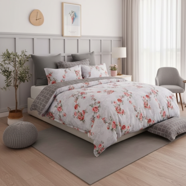 Elegant Grey & Red Rose 120 GSM Microfiber Bedsheet Set _ Model_ EH-2073