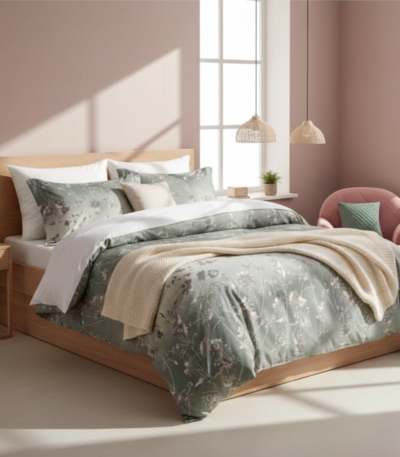 Enchanted Garden Sage Green 120 GSM Microfiber Bedsheet Set | Model: EH-2056