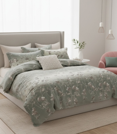 Enchanted Garden Sage Green 120 GSM Microfiber Bedsheet Set | Model: EH-2056