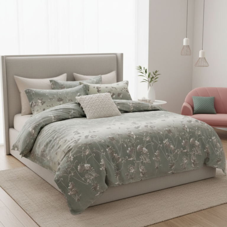 Enchanted Garden Sage Green 120 GSM Microfiber Bedsheet Set | Model: EH-2056
