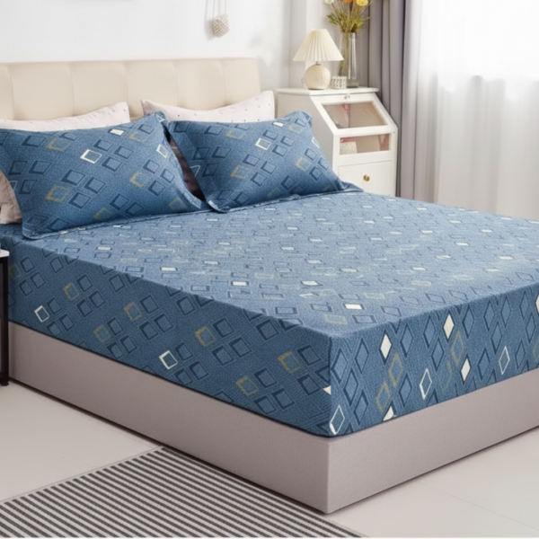 Geo-Chic Blue Diamond 120 GSM Microfiber Fitted Bedsheet Set | Model: EH-2059