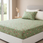 Meadow Bloom Olive Green 120 GSM Microfiber Fitted Bedsheet Set | Model: EH-2063