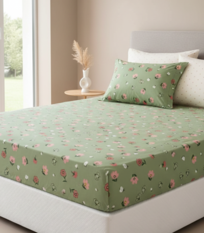 Meadow Bloom Olive Green 120 GSM Microfiber Fitted Bedsheet Set | Model: EH-2063