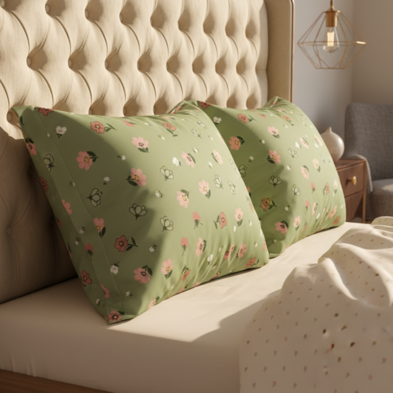 Meadow Bloom Olive Green 120 GSM Microfiber Bedsheet Set | Model: EH-2063