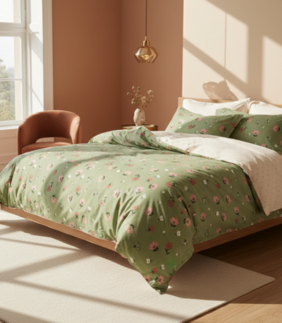 Meadow Bloom Olive Green 120 GSM Microfiber Bedsheet Set | Model: EH-2063