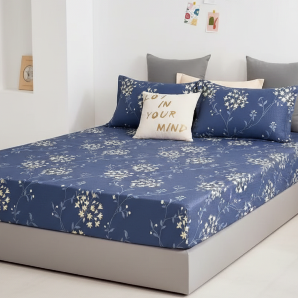 Midnight Bloom Navy Blue 120 GSM Microfiber Fitted Bedsheet Set | Model: EH-2057