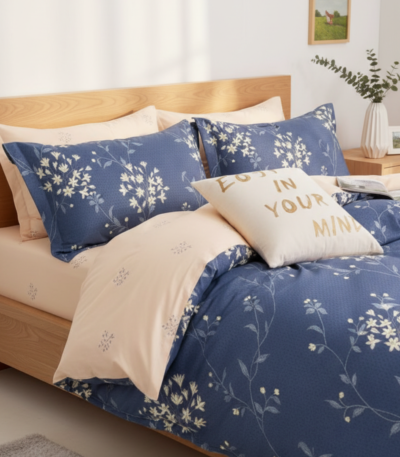 Midnight Bloom Navy Blue 120 GSM Microfiber Bedsheet Set | Model: EH-2057