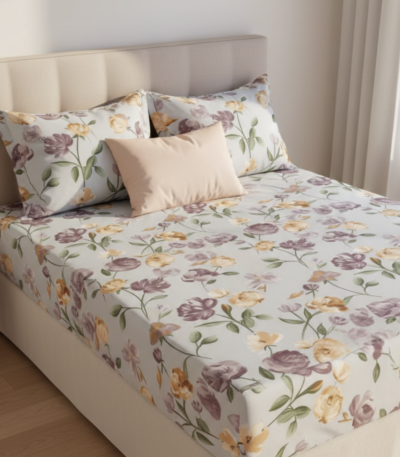 Peachy Floral Bloom 120 GSM Microfiber Fitted Bedsheet Set | Model: EH-2066