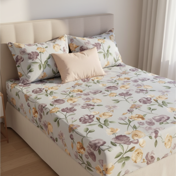 Peachy Floral Bloom 120 GSM Microfiber Fitted Bedsheet Set | Model: EH-2066