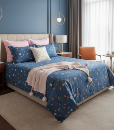 Royal Blue Meadow 120 GSM Microfiber Bedsheet Set _ Model_ EH-2068