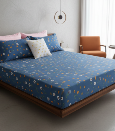 Royal Blue Meadow 120 GSM Microfiber Fitted Bedsheet Set | Model: EH-2068