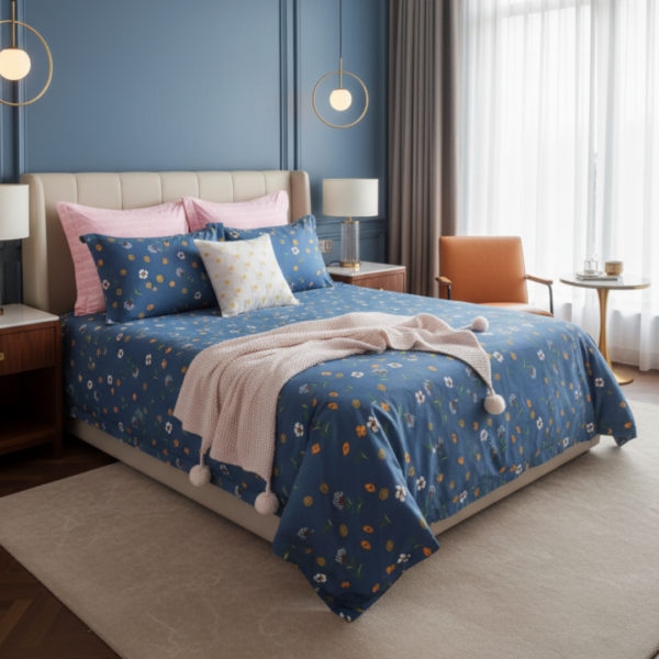 Royal Blue Meadow 120 GSM Microfiber Bedsheet Set _ Model_ EH-2068