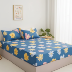 Sunlit Daisy Blue 120 GSM Microfiber Fitted Bedsheet Set | Model: EH-2071