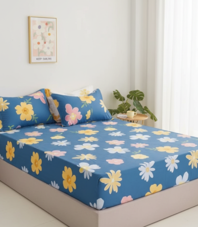 Sunlit Daisy Blue 120 GSM Microfiber Fitted Bedsheet Set | Model: EH-2071