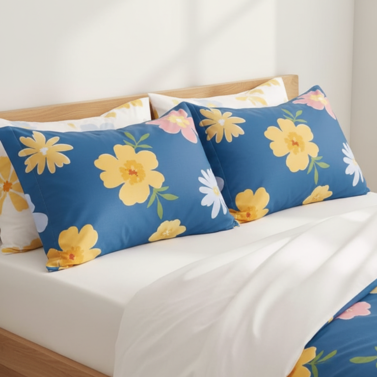 Sunlit Daisy Blue 120 GSM Microfiber Bedsheet Set | Model: EH-2071