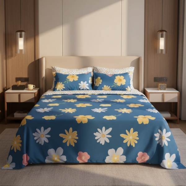 Sunlit Daisy Blue 120 GSM Microfiber Bedsheet Set | Model: EH-2071