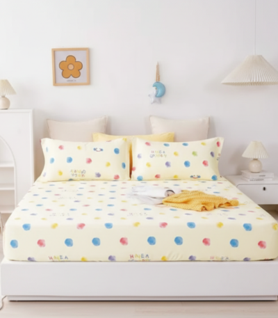 Sunlit Polka Dot & Smiles 120 GSM Microfiber Fitted Bedsheet Set | Model: EH-2072