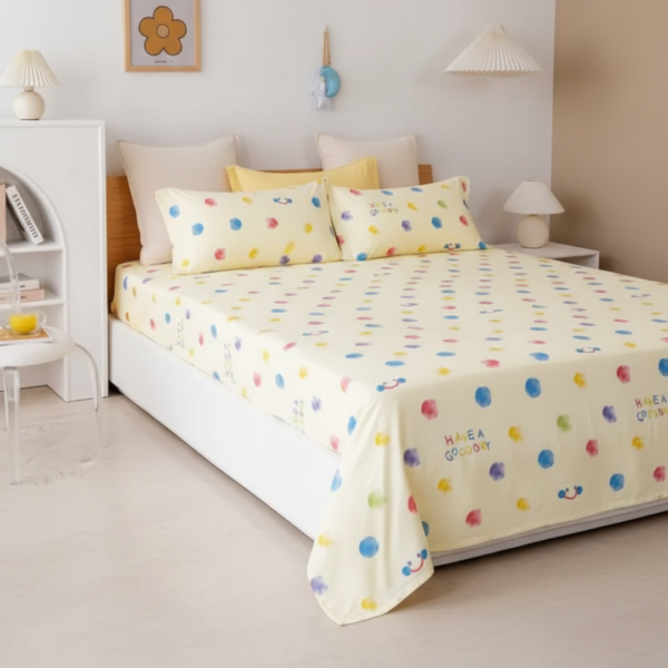 Sunlit Polka Dot & Smiles 120 GSM Microfiber Bedsheet Set | Model: EH-2072