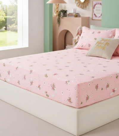 Sweet Pink Daisy 120 GSM Microfiber Fitted Bedsheet Set | Model: EH-2064