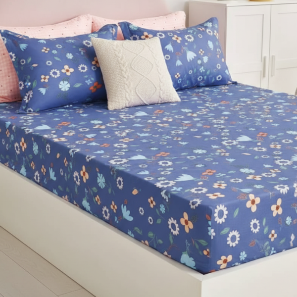 Whimsical Spring Floral Blue 120 GSM Microfiber Fitted Bedsheet Set | Model: EH-2058