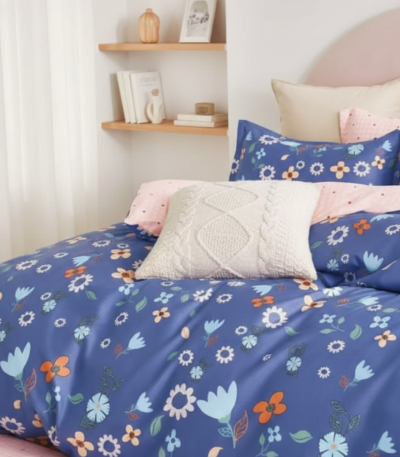 Whimsical Spring Floral Blue 120 GSM Microfiber Bedsheet Set | Model: EH-2058