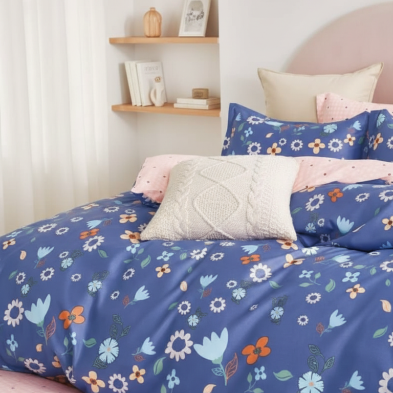 Whimsical Spring Floral Blue 120 GSM Microfiber Bedsheet Set | Model: EH-2058