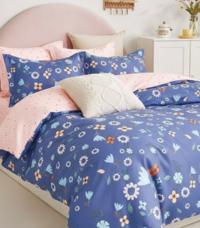 Whimsical Spring Floral Blue 120 GSM Microfiber Bedsheet Set | Model: EH-2058