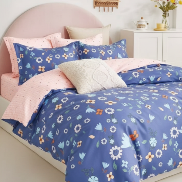 Whimsical Spring Floral Blue 120 GSM Microfiber Bedsheet Set | Model: EH-2058