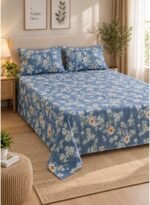 Ever Home Luxury Brushed Microfiber King Flat Sheet Set (270 x 250 CM) – Dusty Blue Floral Meadow Chevron Print with 2 Pillow Covers, Silky-Soft & Breathable Bedding