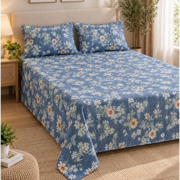 Ever Home Luxury Brushed Microfiber King Flat Sheet Set (270 x 250 CM) – Dusty Blue Floral Meadow Chevron Print with 2 Pillow Covers, Silky-Soft & Breathable Bedding