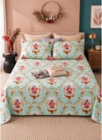 Ever Home Luxury Brushed Microfiber King Flat Sheet Set (270 x 250 CM) – Mint Green Vintage Rose Floral Medallion Print with 2 Pillow Covers, Silky-Soft & Breathable Bedding