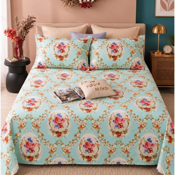 Ever Home Luxury Brushed Microfiber King Flat Sheet Set (270 x 250 CM) – Mint Green Vintage Rose Floral Medallion Print with 2 Pillow Covers, Silky-Soft & Breathable Bedding