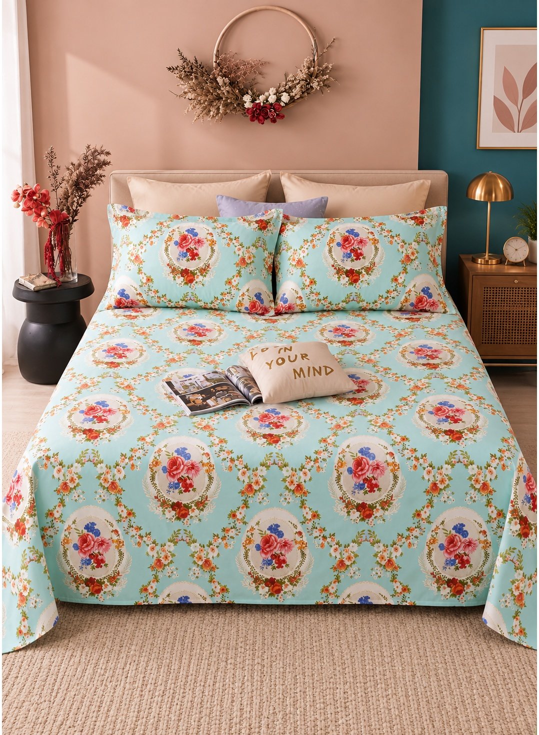 019888a5-0188-474b-9371-148c564ee4d2.jpeg Ever Home Luxury Brushed Microfiber King Flat Sheet Set (270 x 250 CM) – Mint Green Vintage Rose Floral Medallion Print with 2 Pillow Covers, Silky-Soft & Breathable Bedding - Image 1