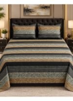 Ever Home Luxury 125 GSM Soft Breathable Flat Bed Sheet Set/Elegant Earthy Striped Pattern in Green, Gold & Black/Includes 2 Matching Pillowcases/King Size 270x240 CM - Image 2