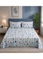 Ever Home 90 GSM Printed Microfiber Flat Bed Sheet Set - King Size (270 x 250 CM) with 1 Flat Sheet and 2 Pillow Covers (50 x 75 CM), Blue Botanical Floral Pattern, White & Blue - Image 2