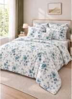 Ever Home Luxury Brushed Microfiber King Flat Sheet Set (270 x 250 CM) – White Teal Floral Botanical Print with 2 Pillow Covers, Silky-Soft & Breathable Bedding