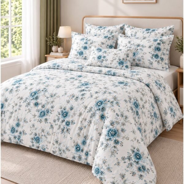 Ever Home Luxury Brushed Microfiber King Flat Sheet Set (270 x 250 CM) – White Teal Floral Botanical Print with 2 Pillow Covers, Silky-Soft & Breathable Bedding