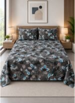 Ever Home 3-Piece Charcoal Grey Botanical Flat Sheet Package/Turquoise & White Leaf Vine Pattern / 125 GSM Lightweight Soft Textile/King Size 270x240 CM with 2 Pillow Cases