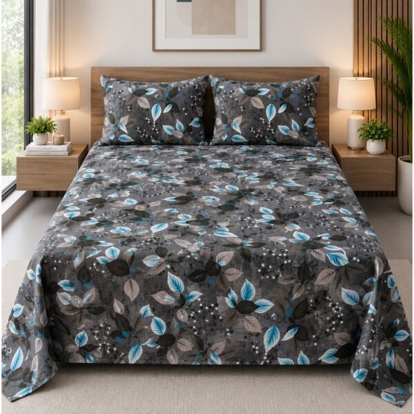 Ever Home 3-Piece Charcoal Grey Botanical Flat Sheet Package/Turquoise & White Leaf Vine Pattern / 125 GSM Lightweight Soft Textile/King Size 270x240 CM with 2 Pillow Cases