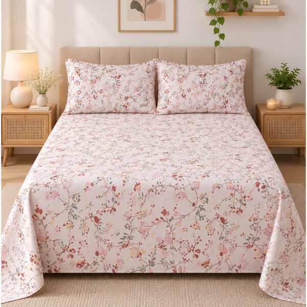 3-Piece King Size Bed Sheet Set - 150 GSM Premium Microfiber Bedding with Delicate Meadow Wildflower Print, Includes 1 Flat Sheet (270x250 CM) & 2 Matching Pillowcases (50x75 CM)