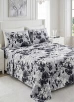 Ever Home Luxury 125 GSM Soft Breathable Flat Bed Sheet Set/Elegant Watercolor Floral Pattern in Black, Grey & White/Includes 2 Matching Pillowcases/King Size 270x240 CM