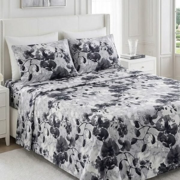 Ever Home Luxury 125 GSM Soft Breathable Flat Bed Sheet Set/Elegant Watercolor Floral Pattern in Black, Grey & White/Includes 2 Matching Pillowcases/King Size 270x240 CM