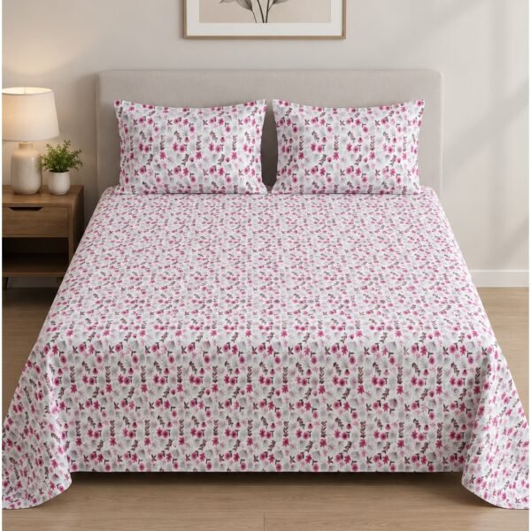 Ever Home 3-Piece Spring Blossom Flat Sheet Set/Delicate Fuchsia Pink Wildflower Meadow Print / 125 GSM Ultra-Soft Breathable Fabric/King Size 270x240 CM with 2 Pillow Cases